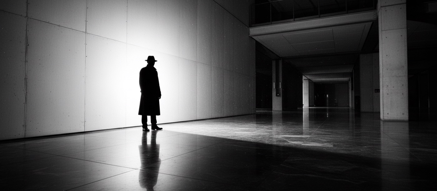 A lone figure in a long coat in a vast, lit concrete hall